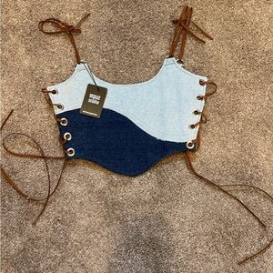 Mpaz Studio Two-Tone Denim Corset Top with Brown Laces